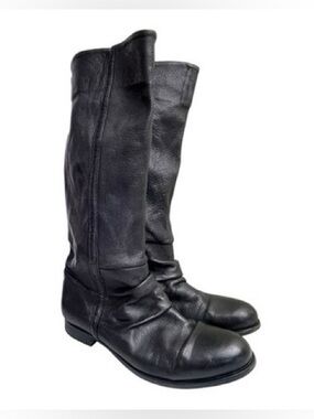 H BY HUDSON Leather Pull On Boots Women’s 39 8.5 9 Distressed Black Knee High